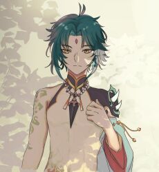  1boy arm_tattoo chinese_clothes highres male_focus tattoo xiao_(genshin_impact) yellow_eyes  rating:General score:2 user:teatime789