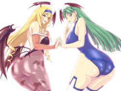 2girls :p animal_print appurin ass back bare_shoulders bat_print blonde_hair blue_eyes blunt_bangs blush bodysuit breasts bridal_gauntlets capcom cecilia_alcott cecilia_alcott_(cosplay) cosplay costume_switch cowboy_shot crossover demon_wings drill_hair feathers finger_to_mouth from_side green_eyes green_hair hair_between_eyes hairband half-closed_eyes halterneck hand_on_own_chest happy head_wings highleg highleg_leotard hip_focus holding_hands huge_ass infinite_stratos interlocked_fingers lace large_breasts leaning_forward leotard long_hair looking_at_viewer looking_back low_wings morrigan_aensland morrigan_aensland_(cosplay) multiple_girls naughty_face open_mouth pantyhose parted_bangs pilot_suit print_legwear purple_legwear sideboob simple_background thighhighs thighs thong thong_leotard tongue tongue_out turtleneck vampire_(game) very_long_hair wallpaper white_background white_legwear wings rating:Sensitive score:57 user:danbooru