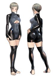 1girl ass blue_eyes blush bodysuit breasts character_sheet cleavage_cutout clothing_cutout full_body highres kilye_kairi large_breasts latex latex_bodysuit leotard looking_at_viewer medium_breasts original shiny_clothes short_hair skin_tight smile thighhighs thighs white_hair rating:Questionable score:28 user:danbooru