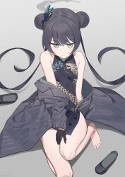  1girl aji_aji_nori barefoot black_dress black_footwear black_gloves black_hair blue_archive breasts butterfly_hair_ornament china_dress chinese_clothes closed_mouth coat double_bun dragon_print dress gloves grey_coat grey_eyes grey_halo hair_bun hair_ornament halo highres kisaki_(blue_archive) long_hair long_sleeves looking_at_viewer open_clothes open_coat shoes sleeveless sleeveless_dress small_breasts solo striped_clothes striped_coat toes twintails vertical-striped_clothes vertical-striped_coat 