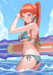  1girl absurdres ass bikini blue_sky bracelet breasts cloud day diptip green_bikini grin high_ponytail highres holding holding_surfboard hololive hololive_english jewelry large_breasts looking_at_viewer orange_hair purple_eyes sky smile solo surfboard swimsuit takanashi_kiara virtual_youtuber wading water wet 