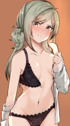  1girl bare_shoulders black_bra black_panties blush bra breasts breasts_apart covering_breasts covering_privates cowboy_shot embarrassed front-hook_bra grey_eyes hair_bun lace lace-trimmed_bra lace-trimmed_panties lace_trim long_hair long_sleeves looking_at_viewer navel open_bra orange_background panties partially_undressed reverse:1999 shirt single_side_bun small_breasts solo sweat underwear v-shaped_eyebrows vertin_(reverse:1999) white_shirt yona_(illusty0na) 