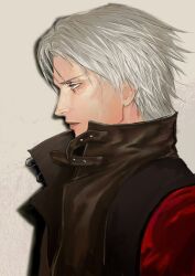  1boy blue_eyes clif_um close-up closed_mouth dante_(devil_may_cry) devil_may_cry devil_may_cry_(series) devil_may_cry_2 expressionless from_side highres looking_to_the_side male_focus parted_lips portrait profile simple_background solo solo_focus white_hair 