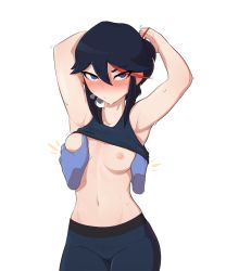 1girl absurdres annoyed armpits arms_behind_head black_hair blue_eyes blush grabbing_another&#039;s_breast breasts disembodied_hand grabbing highres kill_la_kill looking_at_viewer matoi_ryuuko medium_breasts multicolored_hair nipples no_bra pants pudgeruffian red_hair scrunchie short_hair sleeveless solo streaked_hair sweat tank_top white_background yoga_pants rating:Questionable score:212 user:JustHere4Butts