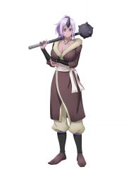  1girl black_horns breasts claws cleavage closed_mouth colored_skin fang fur_(clothing) highres holding holding_mace holding_weapon horns large_breasts morningstar_(weapon) oni ponytail purple_eyes purple_hair purple_skin shion_(tensei_shitara_slime_datta_ken) solo weapon 