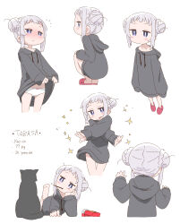  1girl black_cat black_hoodie blush cat character_name character_sheet clothes_lift double_bun drawstring expressionless food food_in_mouth from_behind from_side hair_bun hands_up highres hood hood_down hoodie hoodie_lift looking_at_another looking_at_viewer loose_hair_strand lying no_legwear on_stomach original panties petite pocky pocky_in_mouth red_footwear samansa_ex simple_background solo squatting standing star_(symbol) tabasa_(samansa_ex) underwear white_background white_hair white_panties  rating:Sensitive score:15 user:danbooru