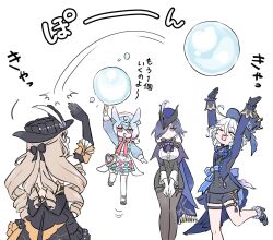  4girls ^_^ arms_up ascot blonde_hair blue_hair bubble clorinde_(genshin_impact) closed_eyes cowlick dress drill_hair elbow_gloves floating genshin_impact gloves hair_over_one_eye hat height_difference highres himeko_(nico6v6pachi) jacket long_hair long_sleeves looking_at_another looking_at_object looking_up motion_lines multicolored_hair multiple_girls navia_(genshin_impact) nurse_cap open_clothes open_jacket own_hands_together pantyhose playing purple_eyes purple_hair red_eyes short_hair shorts sigewinne_(genshin_impact) simple_background skirt smile standing top_hat translation_request tricorne two-tone_hair very_long_hair white_background white_hair 