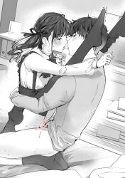  1boy 1girl after_kiss bar_censor blush bow bowtie carrot_(robosquat) censored couple eye_contact greyscale hair_ribbon hetero high-waist_skirt highres hug indoors jirai_kei long_hair looking_at_another monochrome original ribbon saliva saliva_trail sex skirt straddling sweat tearing_up thighhighs tongue tongue_out twintails upright_straddle vaginal 