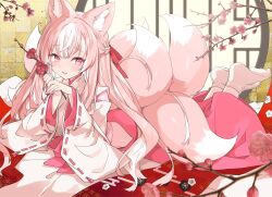  1girl animal_ear_fluff animal_ears braid branch commentary elbow_rest fang fingernails flower fox_ears fox_girl fox_tail hair_ribbon hakama half_updo highres holding holding_branch japanese_clothes kamiyoshi_rika long_hair looking_at_viewer lying miko multicolored_hair multiple_tails okitsune-sama_(kamiyoshi_rika) on_stomach open_mouth original pink_eyes pink_hair pink_hakama plum_blossoms red_ribbon ribbon ribbon-trimmed_sleeves ribbon_trim side_slit smile socks solo tabi tail two-tone_hair very_long_hair white_hair white_socks wide_sleeves 