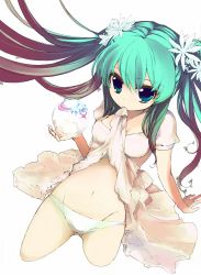  1girl blue_eyes clothes_in_mouth clothes_lift colorized dress dress_in_mouth dress_lift fk flower giuniu globe green_hair hair_flower hair_ornament highres kneeling midriff mouth_hold multicolored_hair original panties solo twintails underwear  rating:Questionable score:7 user:danbooru