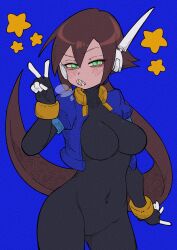 1girl absurdres aile_(mega_man_zx) black_bodysuit blue_jacket blush bodysuit bodysuit_under_clothes breasts breath brown_hair buzzlyears clenched_hands commentary covered_erect_nipples covered_navel cowboy_shot cropped_jacket english_commentary faux_traditional_media green_eyes highres jacket long_hair looking_at_viewer medium_breasts mega_man_(series) mega_man_zx mega_man_zx_advent navel open_clothes open_jacket ponytail sharp_teeth skin_tight solo teeth v
