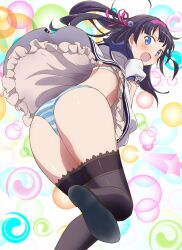  1girl ass bent_over black_footwear black_hair black_thighhighs blue_eyes blue_panties blush bra clothes_lift commentary_request commission dress dress_lift dress_tug frown gal_gun_double_peace hair_ribbon hairband highres kamizono_shinobu komatsu_(sakanae) leaning_forward leg_up long_hair looking_at_viewer looking_back open_mouth panties partial_commentary pixiv_commission puffy_short_sleeves puffy_sleeves purple_hairband purple_ribbon ribbon sakurachi_academy_school_uniform school_uniform shoes short_dress short_sleeves solo standing standing_on_one_leg striped_clothes striped_panties thighhighs underwear white_bra white_dress wind wind_lift 