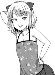  1girl arm_behind_head armpits breasts camisole covered_navel flat_chest hair_ribbon hand_on_own_hip highres looking_at_viewer model_pose monochrome open_mouth original remi-chan ribbon seductive_smile shirt short_hair skirt sleeveless sleeveless_shirt small_breasts smile tamagoroo tamagoroo_(funifuni_labo) 