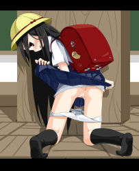  1girl ass backpack bag black_hair blush butt_crack clothes_lift hat highres loli long_hair looking_back panties panty_pull pussy pussy_juice randoseru skirt skirt_lift socks solo source_request tsukumizu_yuu uncensored underwear white_panties  rating:Explicit score:55 user:Dolljoints