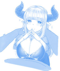 +++ 1boy 1girl alicia_(granblue_fantasy) blue_theme blunt_bangs blush breasts censored cleavage_cutout closed_mouth clothing_cutout draph dress earrings ekz_(robotekz) from_above gloves granblue_fantasy hands_on_another&#039;s_shoulders heart heart-shaped_pupils hetero highres horns huge_breasts jewelry large_penis long_hair looking_at_viewer male_pubic_hair mature_female monochrome paizuri paizuri_under_clothes penis perpendicular_paizuri pointy_ears pubic_hair sketch smile solo_focus sparkle steepled_fingers symbol-shaped_pupils white_background rating:Explicit score:90 user:danbooru
