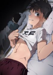  2boys abs brown_hair clothes_lift grey_eyes highres multiple_boys nervous shirt shirt_lift shorts t-shirt  rating:Questionable score:5 user:direwolfatchatro