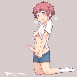  1boy aaaa_(quad-a) blue_eyes blush cum ejaculation erection foreskin highres large_penis male_focus penis red_hair shirt shorts shota solo testicles third-party_edit uncensored white_shirt  rating:Explicit score:395 user:schwarz-wohlf