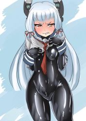 10s 1girl angry ayuayu_(shouyu_no_sato) black_bodysuit blue_hair blush bodysuit bodysuit_under_clothes breasts brown_eyes clenched_teeth clothes_lift duplicate kantai_collection latex latex_suit long_hair looking_at_viewer md5_mismatch murakumo_(kancolle) navel orange_eyes revision school_uniform serafuku shiny_clothes shirt_lift silver_hair small_breasts solo teeth wide_hips yellow_eyes rating:Questionable score:35 user:danbooru