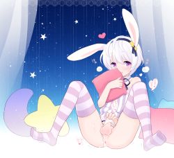  +++_(artist) 1boy animal_ears anus bulge clothing_aside crossdressing cum cum_on_male gradient_background hairband highres leggings male_focus original panties panties_aside penis penis_in_panties perineum pillow purple_eyes rabbit_ears rabbit_tail solo spread_legs striped_clothes striped_thighhighs tail tears testicles thighhighs trap underwear white_hair  rating:Explicit score:338 user:harucho
