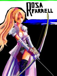  1990s_(style) 1girl arrow_(projectile) belt blonde_hair bluegun bow_(weapon) cape elbow_gloves female_focus final_fantasy final_fantasy_iv gloves leotard long_hair red_eyes rosa_farrell shoulder_pads solo tegaki thighhighs weapon 
