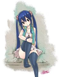 1girl artist_name black_thighhighs blue_hair brown_eyes fairy_tail feet female_focus long_hair looking_at_viewer mashima_hiro miniskirt no_shoes skirt solo thighhighs twintails wendy_marvell rating:Sensitive score:62 user:danbooru