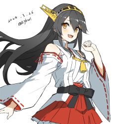  1girl absurdres bigkwl black_hair brown_eyes dated detached_sleeves hair_ornament hairband hairclip hakama hakama_skirt haruna_(kancolle) headgear highres japanese_clothes kantai_collection long_hair nontraditional_miko one-hour_drawing_challenge pleated_skirt popped_collar red_hakama red_skirt ribbon-trimmed_sleeves ribbon_trim simple_background skirt smile solo twitter_username white_background 