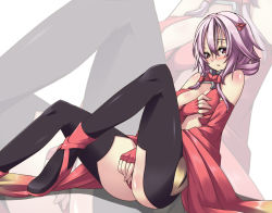  10s 1girl akutsu bare_shoulders black_thighhighs blush boots breasts center_opening cleavage detached_sleeves female_masturbation fingerless_gloves gloves guilty_crown hair_ornament hairclip long_hair masturbation open_mouth pink_hair red_eyes solo thigh_boots thighhighs yuzuriha_inori zoom_layer 