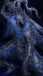 1boy absurdres armor artorias_the_abysswalker blue_cape cape commentary dark_background dark_souls_(series) dark_souls_i english_commentary gauntlets greaves helmet highres holding holding_sword holding_weapon male_focus nameno92372763 pauldrons plume sabaton shoulder_armor single_pauldron solo sword torn_cape torn_clothes weapon 