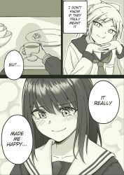  2boys :t black_serafuku blush bow comic crossdressing cup greyscale hair_bow happy_tears highres holding holding_cup long_hair looking_at_another looking_down monochrome multiple_boys original pas_(paxiti) ponytail right-to-left_comic school_uniform serafuku smile teacup tearing_up tears 