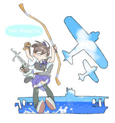  1girl aircraft aircraft_carrier airplane arms_up arrow_(projectile) black_thighhighs blue_sky bow_(weapon) brown_eyes brown_gloves brown_hair closed_mouth cloud double_exposure floating_hair full_body gloves holding holding_arrow holding_bow_(weapon) holding_weapon horizon japanese_clothes jibakurei_(elite_unchi) jitome kaga_(kancolle) kantai_collection kimono military_vehicle muneate ocean partially_fingerless_gloves partly_fingerless_gloves purple_skirt quiver romaji_text ship short_kimono short_sleeves side_ponytail simple_background single_glove skirt sky solo speech_bubble splashing tasuki thighhighs translation_request warship watercraft weapon white_background white_kimono yugake 