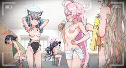 5girls animal_ear_fluff animal_ears armpits ass ayane_(blue_archive) bare_back bare_shoulders barefoot battery_indicator bikini bikini_bottom_only bikini_tan black_hair black_one-piece_swimsuit blue_archive blue_eyes blue_halo blue_one-piece_swimsuit bottle breasts cameltoe cat_ears cat_girl changing_clothes changing_room cleft_of_venus closed_eyes closed_mouth commentary_request covered_navel drying drying_hair extra_ears fake_screenshot female_focus foot_up foreclosure_task_force_(blue_archive) grey_hair hair_between_eyes hair_dryer halo hand_on_own_hip holding holding_bottle hoshino_(blue_archive) iced_coffee indoors large_breasts light_brown_hair loli long_hair medium_breasts multiple_girls navel nipples nonomi_(blue_archive) nonomi_(swimsuit)_(blue_archive) nude official_alternate_costume one-piece_swimsuit one-piece_tan paid_reward_available panties parted_lips pink_hair pink_halo pointy_ears recording red-framed_eyewear red_halo serika_(blue_archive) shiroko_(blue_archive) shiroko_(swimsuit)_(blue_archive) short_hair side-tie_bikini_bottom sideboob sideways_mouth sitting small_breasts special_cat standing striped_clothes striped_panties sunglasses swimsuit tan tanline teeth topless towel_around_waist two-tone_swimsuit underwear undressing upper_teeth_only very_long_hair voyeurism wolf_ears wolf_girl wrap_towel yellow_bikini 
