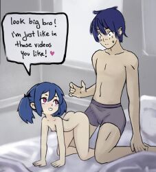  1boy 1girl all_fours arched_back ass bed bed_sheet black_bow blue_hair blush bow breasts brother_and_sister bulge collarbone completely_nude english_text erection erection_under_clothes flat_chest hair_bow heart highres incest kneeling loli looking_at_another looking_back male_underwear nipples nude on_bed original presenting purple_eyes qtkat short_hair short_twintails siblings sidelocks small_breasts smile speech_bubble spoken_heart sweatdrop thighs twintails underwear  rating:Explicit score:367 user:MonsieurCinq