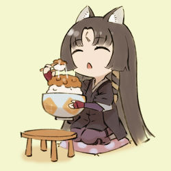  1girl animal_ear_fluff animal_ears arknights black_hair black_kimono bowl brown_background chibi chopsticks closed_eyes commentary_request cushion facial_mark food forehead_mark holding holding_bowl holding_chopsticks japanese_clothes kimono ldl long_hair nattou open_mouth pants parted_bangs purple_pants rice rice_bowl saga_(arknights) seiza sitting solo table very_long_hair zabuton 