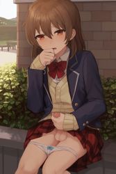 1boy blazer bow brown_hair cardigan check_commentary collared_shirt commentary_request crossdressing erection hair_between_eyes highres jacket male_masturbation masturbation open_mouth orange_eyes original outdoors panties penis pleated_skirt precum red_bow red_skirt school_uniform shirt shota sitting skirt sunaba_(nczd5875) third-party_edit trap uncensored underwear white_panties white_shirt  rating:Explicit score:512 user:Baumwipfel