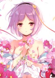1girl absurdres blouse blue_shirt blush breasts cleaned clothes_lift flower highres ke-ta komeiji_satori navel nipples parted_lips pink_eyes pink_hair shirt shirt_lift small_breasts solo tagme touhou white_background rating:Questionable score:22 user:danbooru