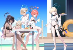  5girls absurdres ahoge akane_(blue_archive) asuna_(blue_archive) asymmetrical_bangs bare_arms bare_legs bare_shoulders barefoot beach bikini black-framed_eyewear black_bikini black_hair blonde_hair blue_archive blue_bikini blue_eyes blue_halo blush braid breasts cleaning_&amp;_clearing_(blue_archive) cleavage closed_mouth collarbone dark-skinned_female dark_skin day flat_chest food glasses grin halo highres holding holding_plate huge_ahoge karin_(blue_archive) large_breasts light_brown_hair meat mole mole_on_breast mole_under_eye multiple_girls navel neru_(blue_archive) ocean open_mouth outdoors plate ponytail purple_halo red_eyes red_hair sandals single_braid sitting smile swimsuit table toki_(blue_archive) white_bikini yarn_(yarn_03) 