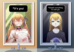  1girl absurdres bathroom before_and_after black_nails blonde_hair blush closed_eyes crying dokibird_(vtuber) empty_eyes english_text female_focus female_pov green_eyes grin hair_between_eyes hair_ribbon happy highres holding holding_paper holding_wig indie_virtual_youtuber khoaphan96 long_hair looking_at_mirror looking_at_viewer mirror nijisanji nijisanji_en paper pov purple_hair ribbon sad selen_tatsuki sink smile tears twintails undertale virtual_youtuber wig yellow_eyes  rating:General score:69 user:DoctorWasabi