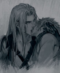  2boys chest_strap chinese_commentary cloud_strife coat commentary_request cropped_torso final_fantasy final_fantasy_vii french_kiss gloves greyscale hand_in_another&#039;s_hair high_collar kiss long_bangs long_hair looking_at_viewer luluzhang998873 male_focus monochrome multiple_boys parted_bangs sephiroth short_hair sleeveless sleeveless_sweater sleeveless_turtleneck slit_pupils spiked_hair sweatdrop sweater turtleneck turtleneck_sweater upper_body yaoi  rating:Sensitive score:2 user:danbooru