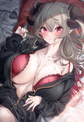 1girl absurdres bed_sheet blush bra breasts collarbone demon_horns demon_tail from_above front-hook_bra grey_hair hair_between_eyes hair_on_horn hand_on_own_stomach hand_up highres horns jacket komupi large_breasts long_hair looking_at_viewer looking_up lying multicolored_hair noa_(komupi) on_back on_bed open_bra original parted_lips pillow pointy_ears red_bra red_eyes red_hair solo sweat tail two-tone_hair underwear upper_body zipper rating:Sensitive score:39 user:danbooru