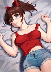 1girl bed_sheet blue_eyes blue_shorts blush bow breasts brown_hair closed_mouth collarbone commentary denim denim_shorts from_above hair_between_eyes hair_bow half-closed_eyes hands_up head_tilt highres idolmaster idolmaster_million_live! kamille_(vcx68) light_blush looking_at_viewer lying medium_breasts medium_hair midriff_peek navel on_back on_bed open_fly open_pants panties pants panty_peek ponytail red_bow red_shirt satake_minako shirt short_shorts shorts sidelocks sideways_glance smile solo strap_slip tank_top thighs underwear w_arms rating:Sensitive score:26 user:danbooru