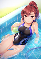 10s 1girl action_heroine_cheer_fruits ball bare_shoulders black_one-piece_swimsuit breasts brown_eyes brown_hair competition_swimsuit covered_navel day from_above hassen_(8cm) hose looking_at_viewer looking_up one-piece_swimsuit outdoors parted_bangs ponytail roko_kuroki sitting skin_tight smile solo swimsuit thighs wading_pool rating:Sensitive score:35 user:danbooru