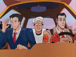  3boys ace_attorney black_hair car closed_mouth commentary crossover driving english_commentary formal glasses gloves hat highres left-hand_drive long_sleeves male_focus medic_(tf2) meme motor_vehicle multiple_boys necktie peppino_spaghetti phoenix_wright pizza_tower red_gloves red_necktie short_hair steering_wheel suit team_fortress_2 upper_body what_is_love_(meme) windee 