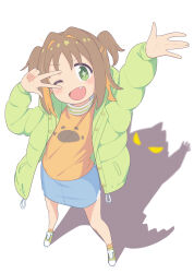  1girl ;) absurdres blue_skirt blush brown_hair fang full_body green_eyes green_footwear green_jacket hands_up happy highres jacket miniskirt oka_asahi one_eye_closed onii-chan_wa_oshimai! open_clothes open_jacket open_mouth orange_shirt orange_socks paw_print print_shirt shadow shiina_excel shirt shoes short_hair simple_background skirt smile sneakers socks solo sparkling_eyes standing two_side_up v white_background  rating:General score:4 user:danbooru