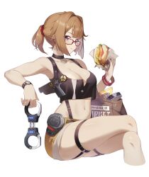  1girl :t absurdres bag bare_arms bare_legs bare_shoulders black_tank_top breasts brown_hair burger cleavage commentary_request commission crop_top cuffs feet_out_of_frame food girls&#039;_frontline glasses grizzly_mkv_(girls&#039;_frontline) gun hand_up handcuffs handgun highres holding holding_food holding_handcuffs large_breasts looking_at_viewer midriff navel no.1_machine ponytail purple_eyes red-framed_eyewear second-party_source short_hair short_shorts shorts simple_background sitting solo stomach tank_top thigh_strap thighs watch weapon white_background wristwatch yellow_shorts 