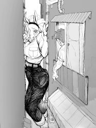  1boy 1girl animal_ears ass boku_no_hero_academia breast_pocket breasts furry giant giantess hairband ippan_josei large_breasts monochrome pocket size_difference snout solo_focus tearing_up through_wall  rating:Sensitive score:114 user:GiovanniHunter