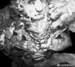  1boy 49hao_fei_liao_cheng_qu animal_ears arknights bara blue_eyes chain chain_necklace facial_hair furry furry_male goatee greyscale head_out_of_frame jewelry large_hands large_pectorals looking_at_viewer male_focus monochrome mountain_(arknights) muscular muscular_male necklace parted_lips pectoral_cleavage pectorals portrait scar scar_across_eye scar_on_arm short_hair solo spot_color thick_eyebrows tiger_boy tiger_ears upper_body white_hair 