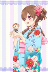 1girl :d animal blue_kimono brown_hair chinese_zodiac clothed_animal floral_print flower hair_between_eyes hair_flower hair_ornament hands_up japanese_clothes kimono kusumoto_shizuru long_hair long_sleeves monkey obi open_mouth original pink_flower print_kimono red_eyes red_flower sash smile solo striped_background wide_sleeves year_of_the_monkey 