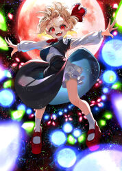  1girl absurdres black_skirt black_vest blonde_hair bloomers calpis118 commentary danmaku hair_ribbon highres looking_at_viewer moon open_mouth outstretched_arms red_eyes red_moon red_ribbon ribbon rumia shirt short_hair skirt smile solo touhou underwear vest white_bloomers white_shirt 