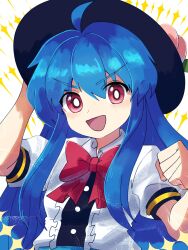  1girl :d ahoge black_hat blue_hair bow bowtie buttons collared_shirt frilled_shirt frills hand_on_headwear hat highres hinanawi_tenshi long_hair open_mouth peach_hat_ornament plus2sf puffy_short_sleeves puffy_sleeves red_bow red_bowtie red_eyes shirt short_sleeves sidelocks simple_background smile solo sun_hat touhou v-shaped_eyebrows very_long_hair white_shirt 