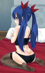 1girl ass black_thighhighs blue_hair blush butt_crack fairy_tail gaston18 highres no_shoes panties solo thighhighs twintails underwear wendy_marvell rating:Questionable score:70 user:bryanlg